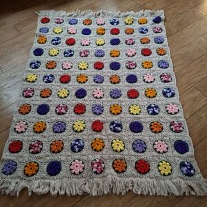 Vtg Crocheted Granny Afghan Throw Blanket 3D Flowers 63" X 45" Handmade Cottage